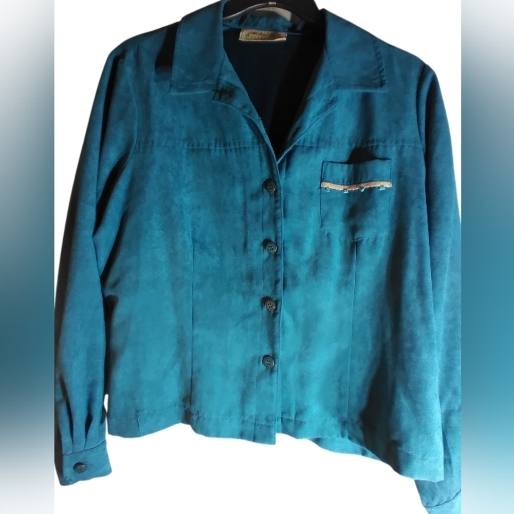 New Frontier Teal Suede Womens Shirt Jacket Size XL Western Boho Aztec Office